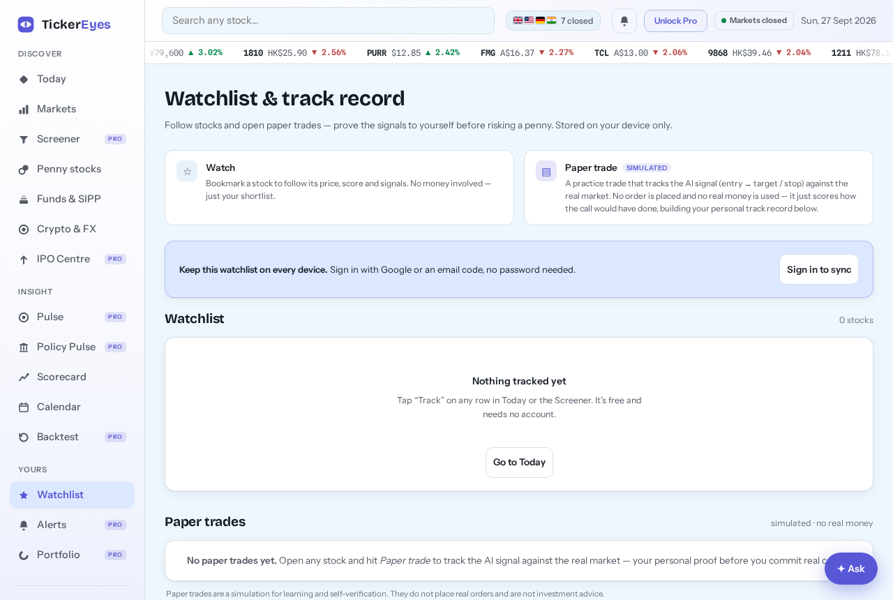 The Watchlist screen with tracked names and their scores